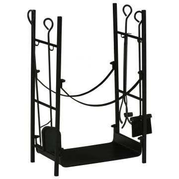 Suport pentru Lemne de Interior si de Exterior din Metal cu Lopata, Matrua, Vatrai si Cleste, Negru, max 70 kg de Lemne Outsunny | Aosom Romania