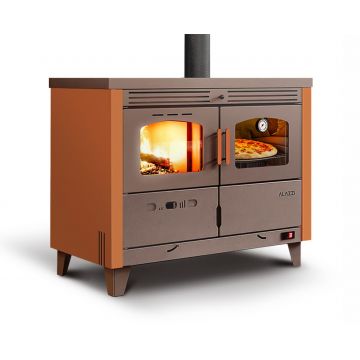 Termoșemineu pe combustibil solid (lemn/brichete/cărbune), Fornello Alazzi 25 kW, plită din fontă, cuptor iluminat si pompă de circulație, pentru încălzire și gătit, până la 150 mp