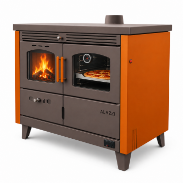 Termoșemineu pe combustibil solid (lemn/brichete/cărbune), Fornello Alazzi 25 kW, plită din fontă, cuptor iluminat si pompă de circulație, pentru încălzire și gătit, până la 150 mp