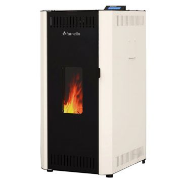 Termosemineu pe peleti Fornello CALORE COMPACT 35 kW, pompa electronica, vas expansiune, arzator inox, grup de siguranta, sistem de curatare MECANICA a creuzetului si drumurilor de fum, culoare alb
