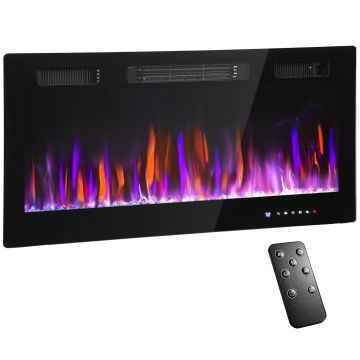 HOMCOM Șemineu Electric de Perete și Încastrat 3 în 1 cu Încălzire Ultra Subțire 9,4 cm, 12 Culori de Flacără 3D și Cristale, 900/1800W Șemineu Electric cu Telecomandă, Ecran Tactil, Timer și Termostat | Aosom Romania