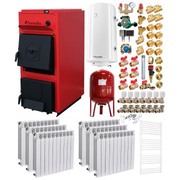 Pachet centrala pe combustibil solid Fornello T-PRO 25 kW, calorifere aluminiu, boiler, vas expansiune, fitinguri si accesorii de baza