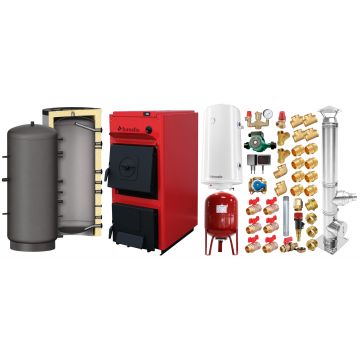 Pachet centrala pe combustibil solid Fornello T-PRO 25 kW, cos inox, puffer, boiler, vas expansiune, fitinguri si accesorii de baza
