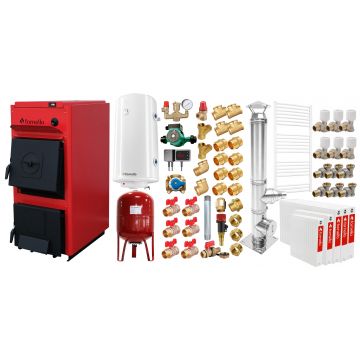 Pachet centrala pe combustibil solid Fornello T-PRO 30 kW, cos inox, radiatoare otel, boiler, vas expansiune, fitinguri si accesorii de baza