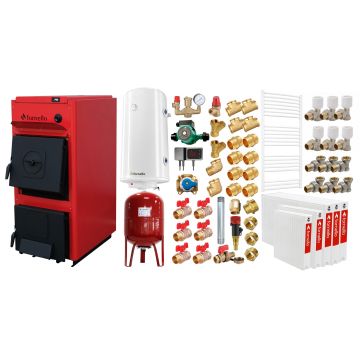 Pachet centrala pe combustibil solid Fornello T-PRO 30 kW, radiatoare otel, boiler, vas expansiune, fitinguri si accesorii de baza