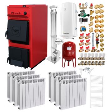 Pachet centrala pe combustibil solid Fornello T-PRO 35 kW, cos Inox, calorifere aluminiu, boiler, vas expansiune, fitinguri si accesorii de baza