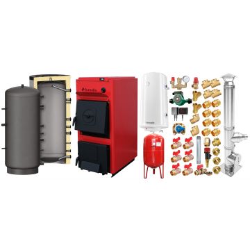 Pachet centrala pe combustibil solid Fornello T-PRO 35 kW, cos inox, puffer, boiler, vas expansiune, fitinguri si accesorii de baza