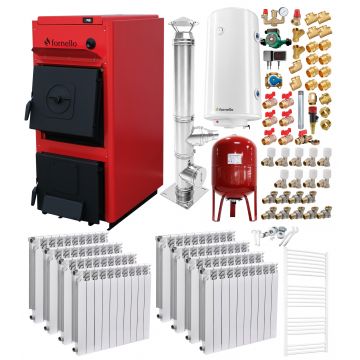 Pachet centrala pe combustibil solid Fornello T-PRO 40 kW, cos Inox, calorifere aluminiu, boiler, vas expansiune, fitinguri si accesorii de baza