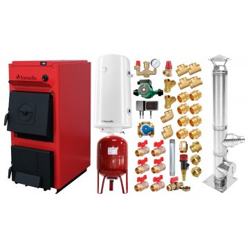 Pachet centrala pe combustibil solid Fornello T-PRO 50 kW, boiler, cos inox, boiler, vas expansiune, fitinguri si accesorii de baza