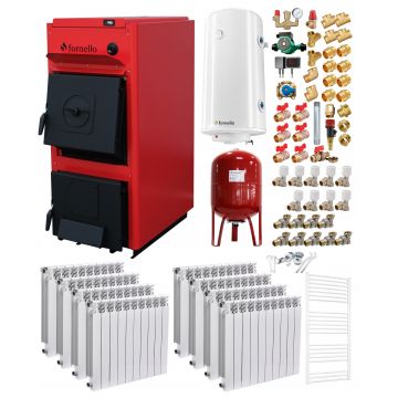 Pachet centrala pe combustibil solid Fornello T-PRO 50 kW, calorifere aluminiu, boiler, vas expansiune, fitinguri si accesorii de baza