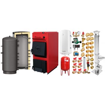 Pachet centrala pe combustibil solid Fornello T-PRO 50 kW, cos inox, puffer, boiler, vas expansiune, fitinguri si accesorii de baza