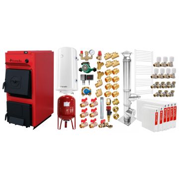 Pachet centrala pe combustibil solid Fornello T-PRO 50 kW, cos inox, radiatoare otel, boiler, vas expansiune, fitinguri si accesorii de baza
