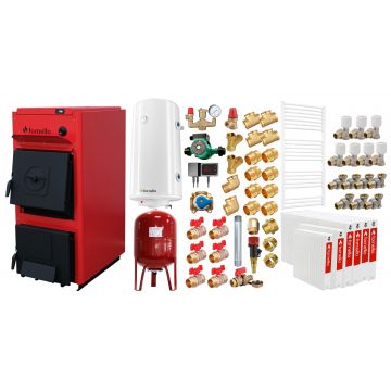 Pachet centrala pe combustibil solid Fornello T-PRO 50 kW, radiatoare otel, boiler, vas expansiune, fitinguri si accesorii de baza