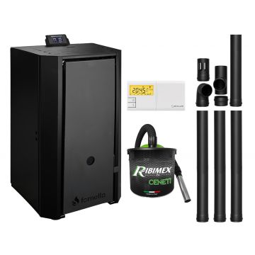 Pachet Centrala pe peleti Fornello EVA B Black 30 KW, pompa circulatie, vas expansiune, Grup siguranta, WI-FI, buncar, tiraj fortat, kit evacuare, termostat Salus 091FLRFV2, aspirator, Clasa A++, recomandat pentru 200 mp, Negru