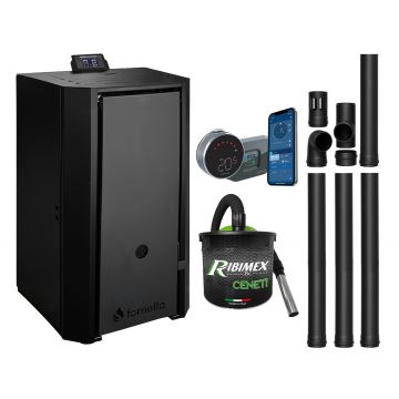 Pachet Centrala pe peleti Fornello EVA B Black 30 KW, pompa circulatie, vas expansiune, Grup siguranta, WI-FI, buncar, tiraj fortat, kit evacuare, termostat Salus IT800, aspirator, Clasa A++, recomandat pentru 200 mp, Negru