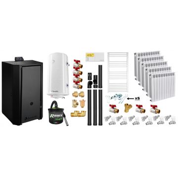 Pachet Centrala pe peleti Fornello EVA B Black 30 KW, pompa circulatie, vas expansiune, WI-FI, buncar, tiraj fortat, kit evacuare 3.5 ml, termostat, aspirator, boiler 100L, Radiatoare Aluminiu si Fitinguri montaj