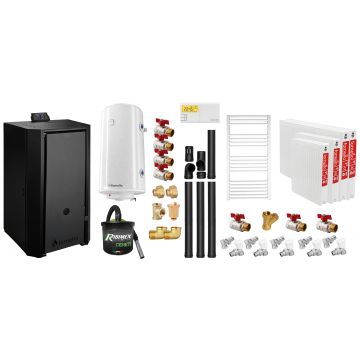 Pachet Centrala pe peleti Fornello EVA B Black 30 KW, pompa circulatie, vas expansiune, WI-FI, buncar, tiraj fortat, kit evacuare 3.5 ml, termostat, aspirator, boiler 100L, Radiatoare otel si Fitinguri montaj