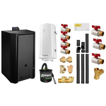 Pachet Centrala pe peleti Fornello EVA B Black 30 KW, pompa circulatie, vas expansiune, WI-FI, buncar, tiraj fortat, kit evacuare 3.5 ml, termostat, aspirator, boiler 100L si Fitinguri montaj centrala/boiler