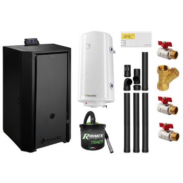 Pachet Centrala pe peleti Fornello EVA B Black 30 KW, pompa circulatie, vas expansiune, WI-FI, buncar, tiraj fortat, kit evacuare 3.5 ml, termostat, aspirator, boiler 100L si Fitinguri montaj