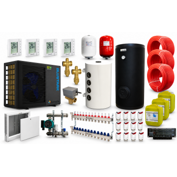 Pachet incalzire prin pardoseala 120 mp, cu pompa de caldura Fornello BLUSTARK R290, 8.3 kW, Automatizare, Teava, Distribuitor, Grup amestec, Boiler 200 litri 2S, Puffer 100 litri, Vana deviatoare 3 cai, Valve anti-inghet si Vase expansiune