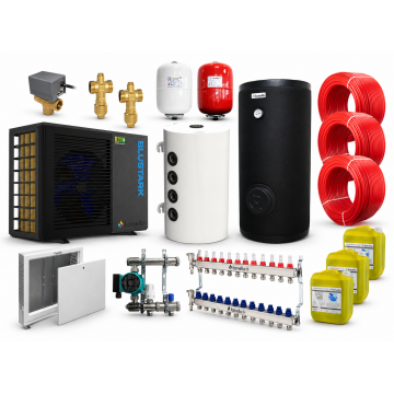 Pachet incalzire prin pardoseala 120 mp, cu pompa de caldura Fornello BLUSTARK R290, 8.3 kW, Teava, Distribuitor, Grup amestec, Boiler 200 litri 2S, Puffer 100 litri, Vana deviatoare 3 cai, Valve anti-inghet si Vase expansiune