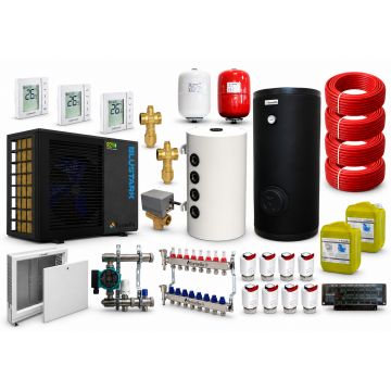 Pachet incalzire prin pardoseala 80 mp cu pompa de caldura Fornello BLUSTARK R290, 6 kW, Automatizare, Teava, Distribuitor, Grup amestec, Boiler 200 litri 2S, Puffer 80 litri, Vana deviatoare 3 cai, Valve anti-inghet si Vase expansiune