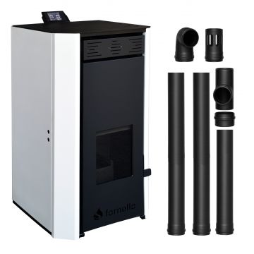 Pachet Termosemineu pe peleti Fornello EVA 30 KW, pompa circulatie, vas expansiune, Grup siguranta, WI-FI, buncar, tiraj fortat, kit evacuare 2.5 ml, Clasa A++, recomandat pentru 200 mp, Alb