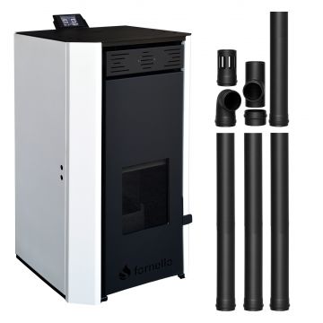 Pachet Termosemineu pe peleti Fornello EVA 30 KW, pompa circulatie, vas expansiune, Grup siguranta, WI-FI, buncar, tiraj fortat, kit evacuare 3.5 ml, Clasa A++, recomandat pentru 200 mp, Alb