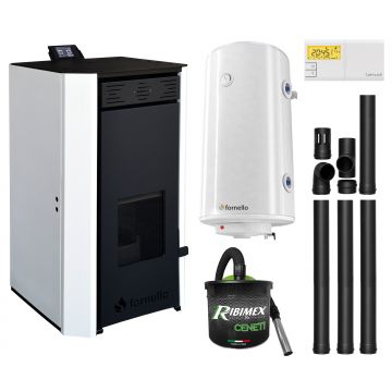 Pachet Termosemineu pe peleti Fornello EVA 30 KW, pompa circulatie, vas expansiune, Grup siguranta, WI-FI, buncar, tiraj fortat, kit evacuare, termostat Salus 091FLRFV2, aspirator, boiler 100L, Clasa A++, recomandat pentru 200 mp, Alb