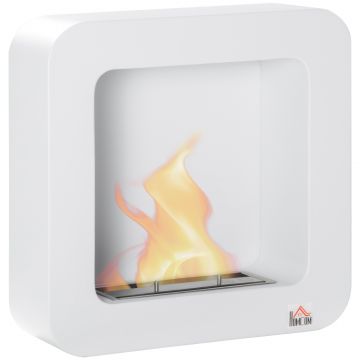Semineu cu bioetanol montat pe perete , din metal, ardere de 2,5 ore, cu rezervor de 1 l si capac de 20 m², 48x18x48cm, alb