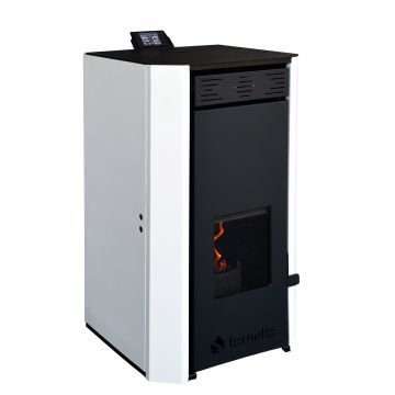 Termosemineu pe peleti Fornello EVA 30 KW, pompa circulatie, vas expansiune, WI-FI, buncar, tiraj fortat, recomandat pentru 200 mp, Alb